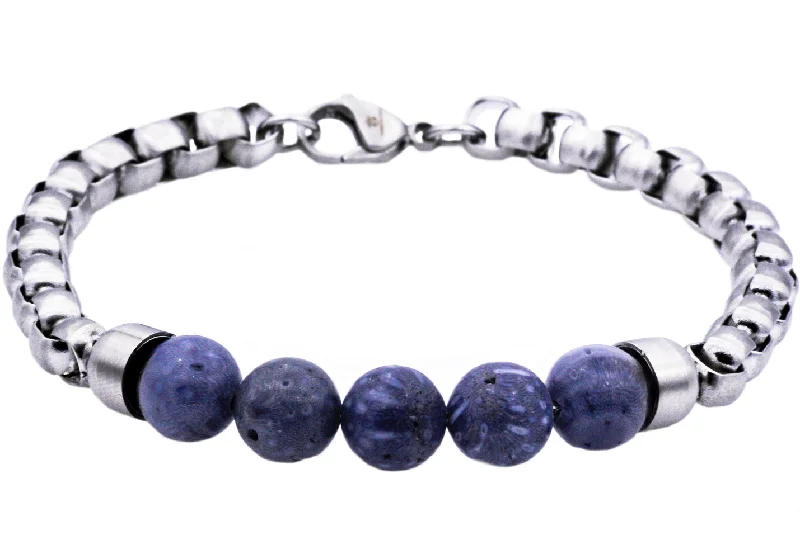 Women’s engraved bangle-Mens Genuine Blue Coral Stainless Steel Beaded And Rolo Link Chain Bracelet