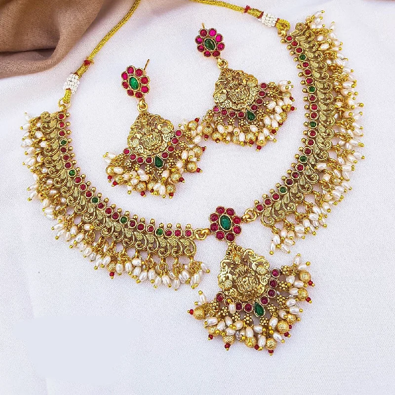 Women’s wedding necklace-Sangita Creation  Copper Gold  Pota Stone Temple Long  Necklace Set