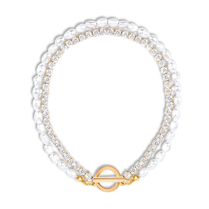 Women’s modern gold bracelet-Topanga Double Chain Pearl Toggle Bracelet