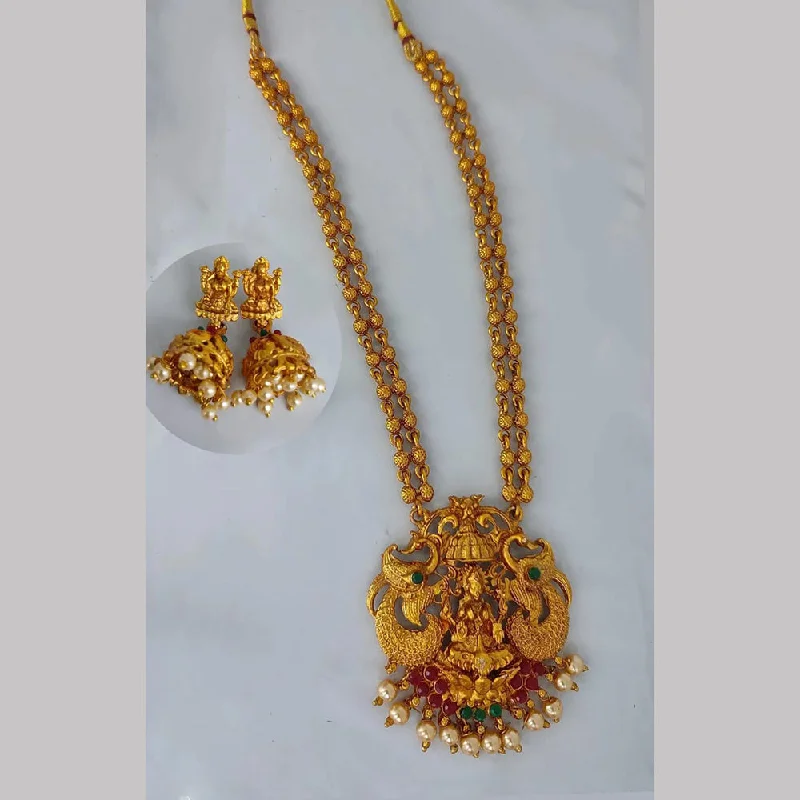 Women’s gemstone chain necklace-Lucentarts Jewellery Gold Plated Temple Long Necklace Set