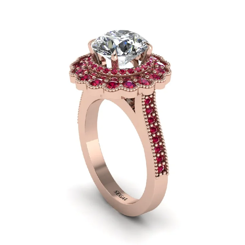 Women’s halo ring engagement-Ruby Double Halo Cathedral Engagement Ring - Deirdre No. 47