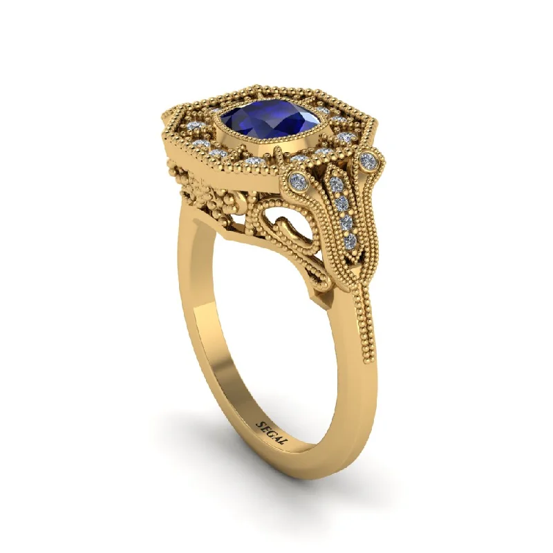 Women’s gold engagement ring-Sapphire Cushion Cut Art Deco Engagement Ring - Kristin No. 13