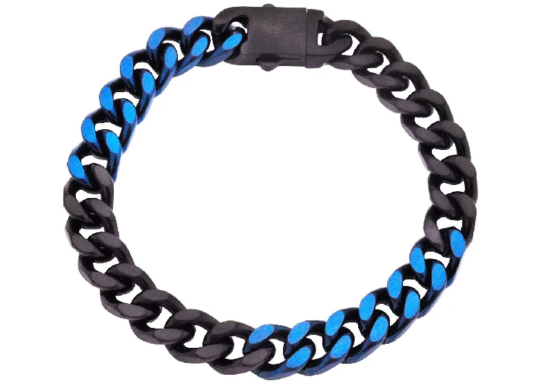 Women’s gold bangle-Mens 10mm Two-Toned Black And Blue Plated Stainless Steel Cuban Link Chain Bracelet