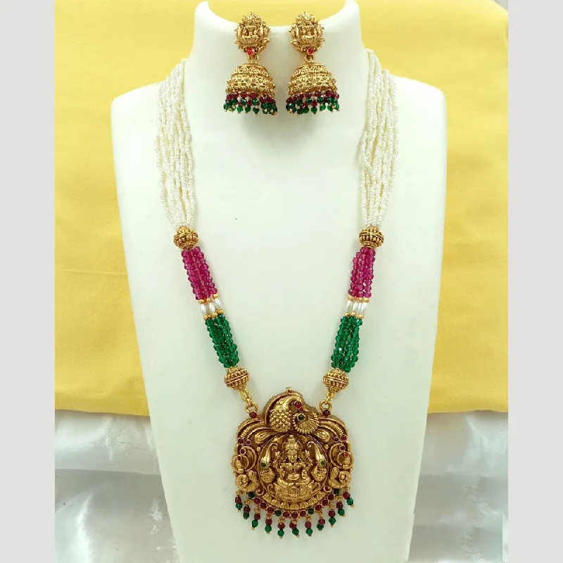 Women’s circle necklace-FS Collection Gold Plated Pota Stone And Pearl Temple Necklace Set