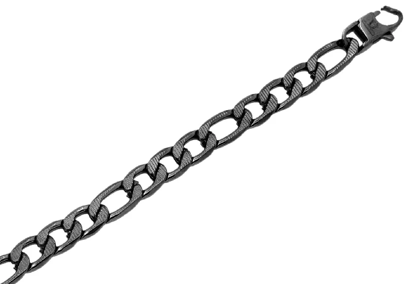 Women’s modern bangle-Mens Black Plated Textured Stainless Steel Figaro Link Chain Bracelet