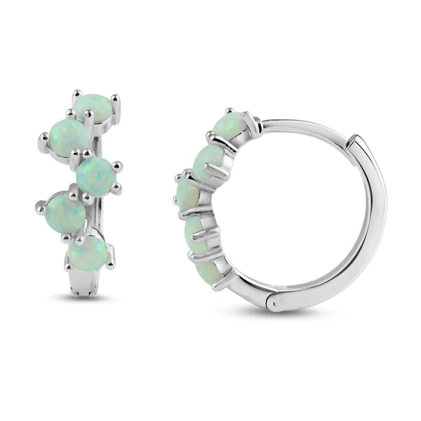 Women’s funky earrings-Rhodium Plated 925 Sterling Silver Alternating Opal Hoop Earrings