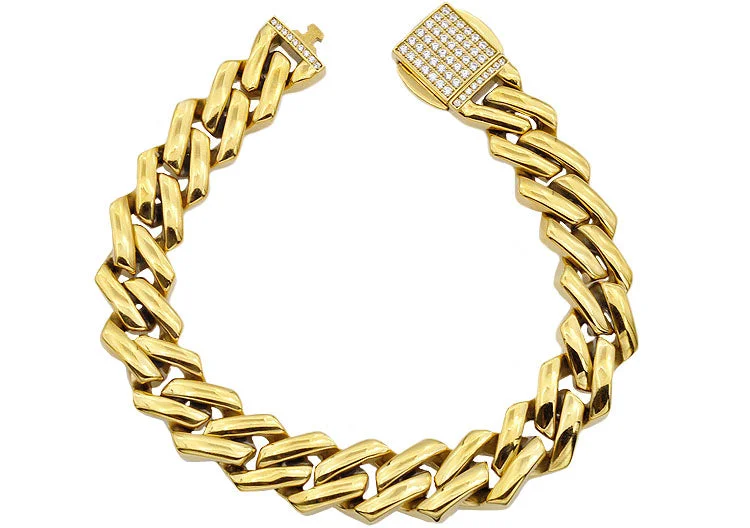 Women’s monogram bracelet-Mens 14mm Gold Plated Stainless Steel Closed Link Curb Chain Bracelet With Cubic Zirconia Embedded Box Clasp