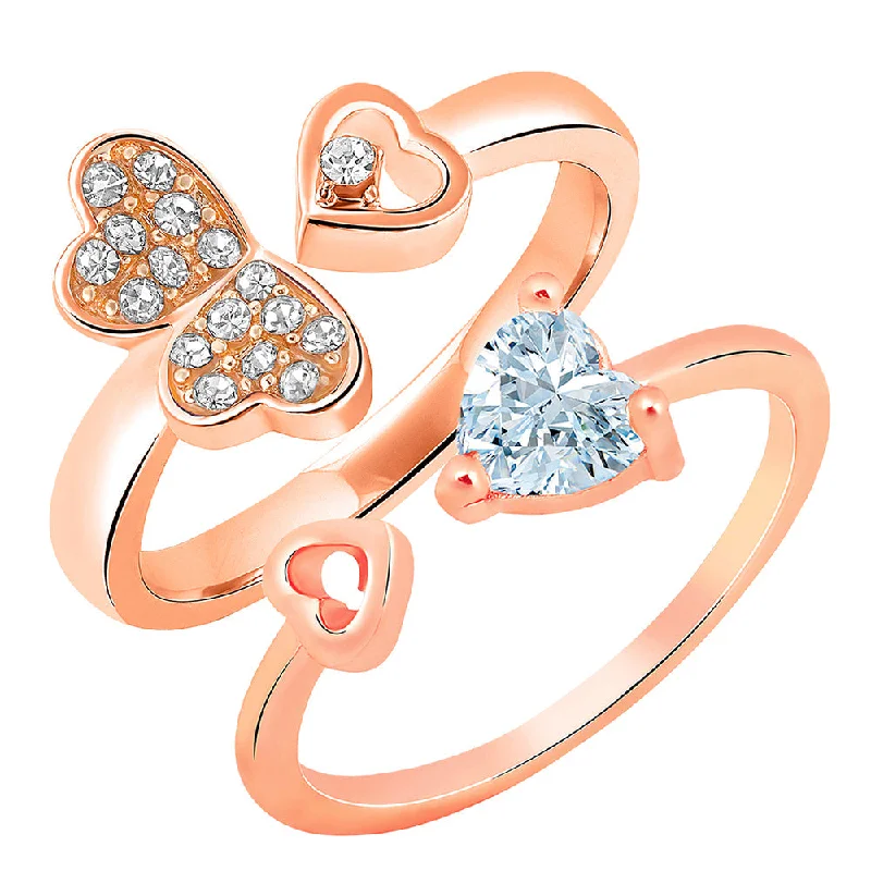 Women’s vintage engagement ring-Mahi Rose Gold Plated Combo of 2 Heart Shaped Adjustable Finger Rings with Cubic Zirconia for Women (CO1105449Z)