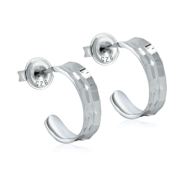 Women’s stud drop earrings-Rhodium Plated 925 Sterling Silver Diamond Cut 13.5 Semi Hoop Stud Earrings