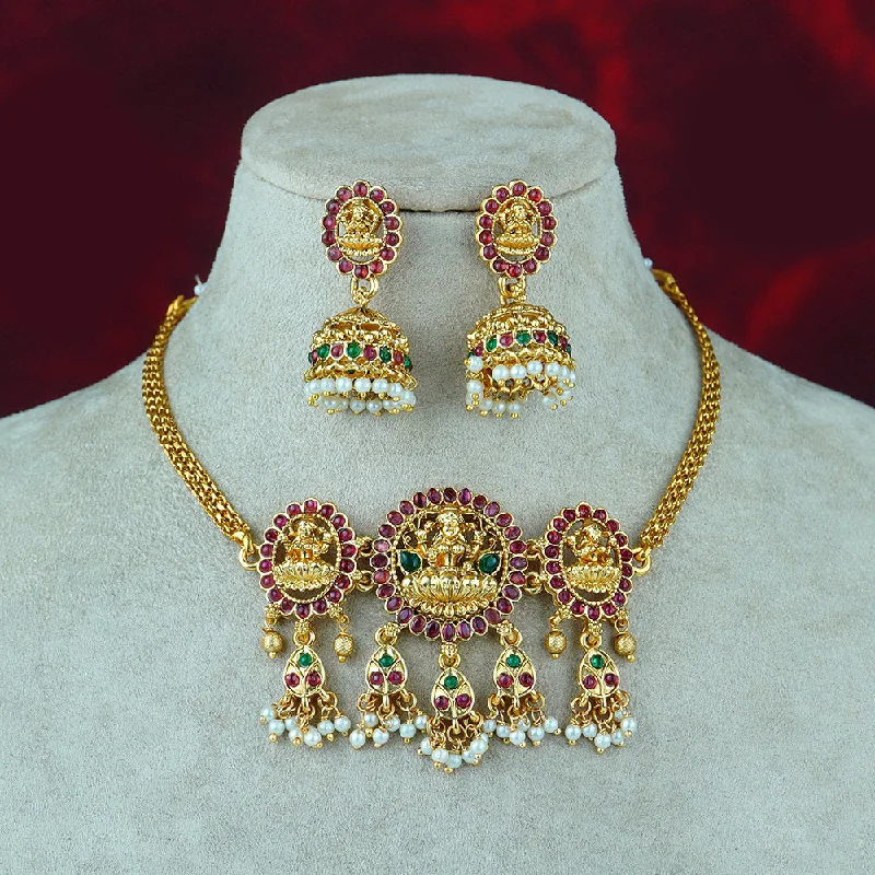 Women’s statement necklace-Diksha Collection Gold Plated Temple Pota Stone Necklace Set