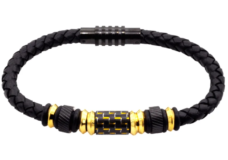 Women’s chic gold bracelet-Mens Black Leather Gold Plated Stainless Steel Bracelet With Carbon Fiber