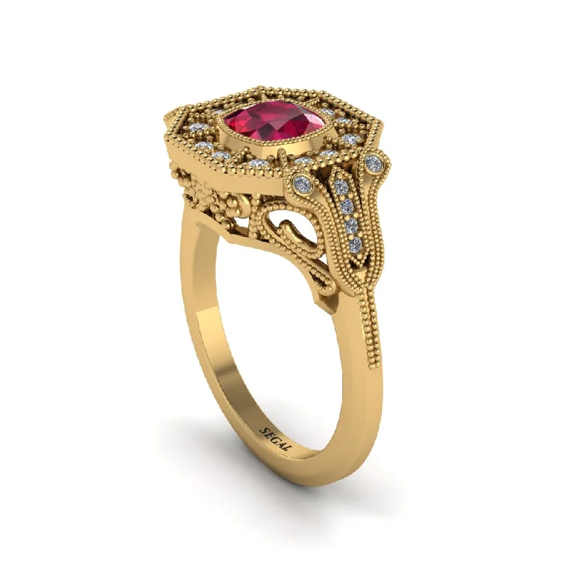 Women’s affordable diamond ring-Ruby Cushion Cut Art Deco Engagement Ring - Kristin No. 10