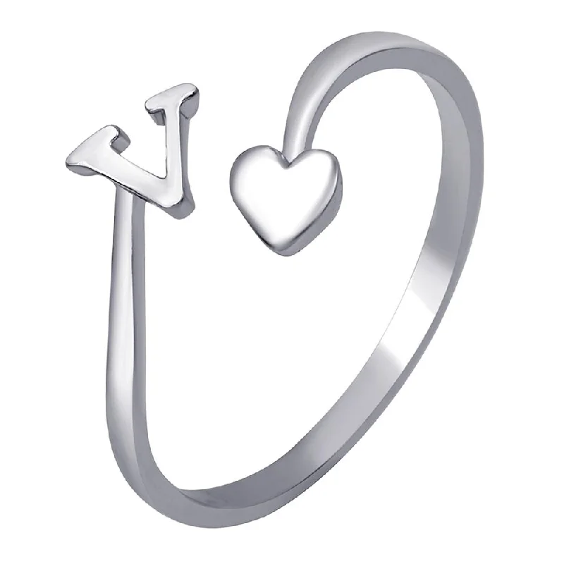 Women’s custom ring-Mahi Rhodium Plated 'V' Initial and Heart Adjustable Finger Ring for Women (FR1103127R)