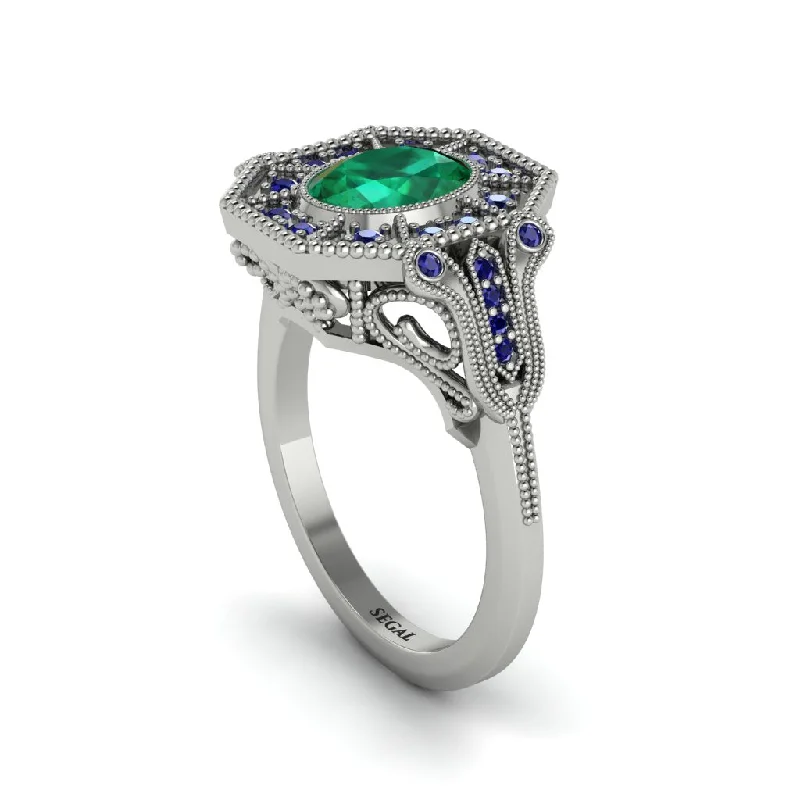 Women’s large diamond engagement ring-Emerald Oval Cut Art Deco Engagement Ring - Tabitha No. 66