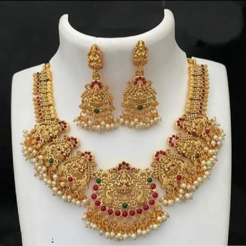 Women’s birthday pendant necklace-Palak Art Gold Plated Pota Stone And temple Necklace Set