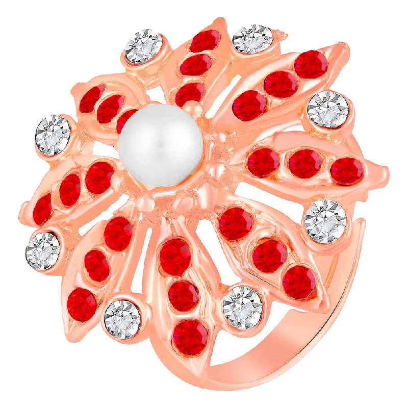 Women’s elegant ring-Mahi Rose Gold Plated Floral Look Adjustable Finger Ring with Red Artificial Pearl & Crystal for Women (FR1103190ZRedWhi)