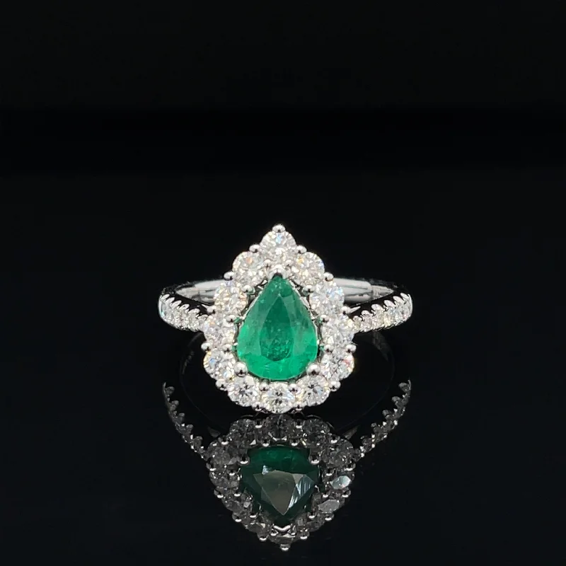 Women’s minimalist engagement ring-Pear Emerald & Diamond Halo Cluster Engagement Anniversary Ring in 18k White Gold - #551 - RGEME065337