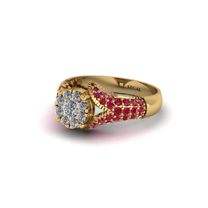 Women’s engraved engagement ring-Ruby Floral Cluster Engagement Ring  - Penelope No. 46