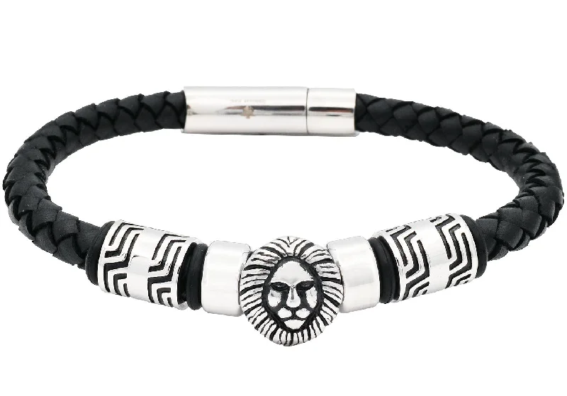 Women’s modern bangle-Mens Lion's Head Black Leather Stainless Steel Bracelet