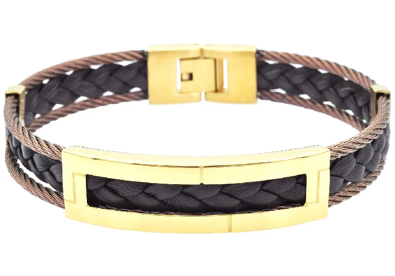 Women’s minimalist gold bracelet-Mens Gold Stainless Steel Brown Leather Cable Bracelet