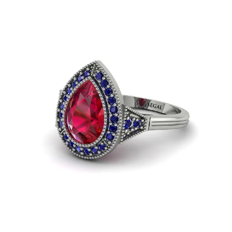 Women’s custom designed engagement ring-Pear Cut Ruby Milgrain Halo Engagement Ring - Daleyza No. 72