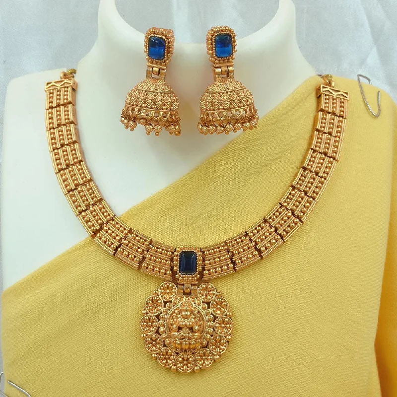 Women’s minimalist necklace-FS Collection Gold Plated Kundan Stone Temple Necklace Set