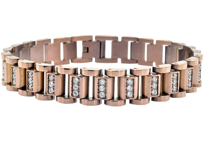 Women’s boho bracelet-Mens Chocolate Stainless Steel Watch Link Bracelet With Cubic Zirconia