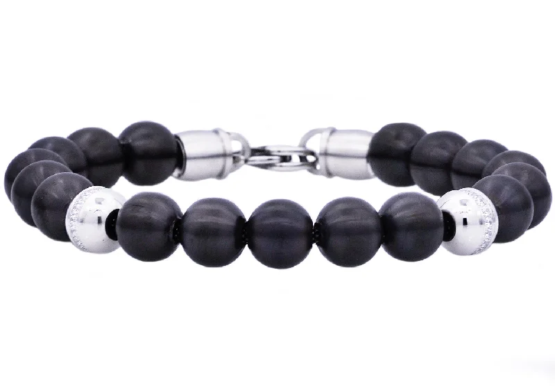 Women’s modern bracelet-Mens Black Stainless Steel Beaded Bracelet With Cubic Zirconia