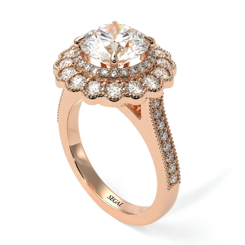 Women’s matching engagement ring and band-Diamond Double Halo Cathedral Engagement Ring - Deirdre No. 2